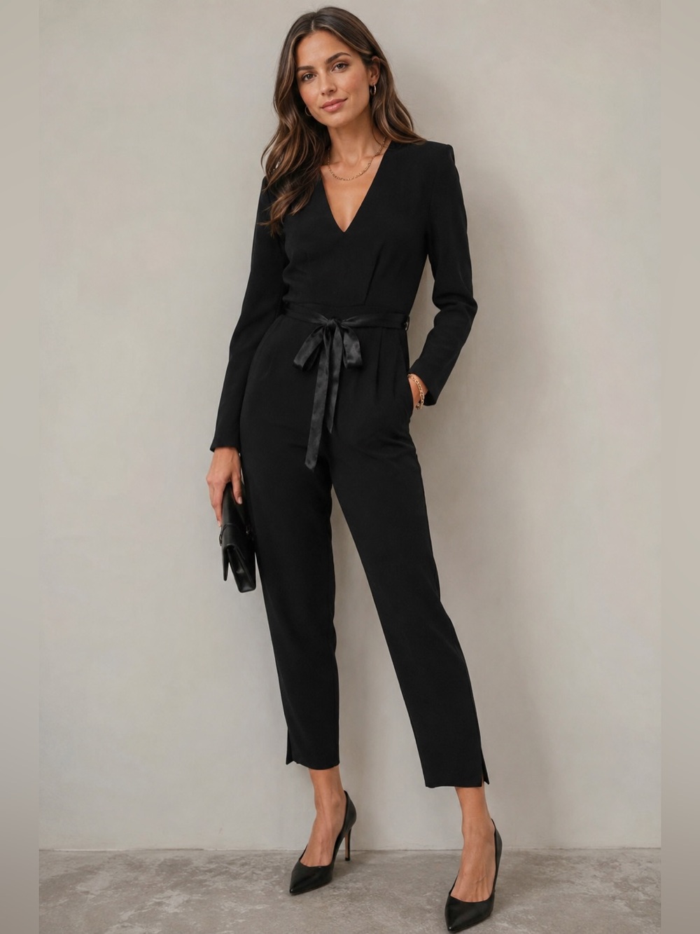 Maje Women’s S Black Tuxedo Jumpsuit Satin Tie Belt V Neck Cropped Tailored